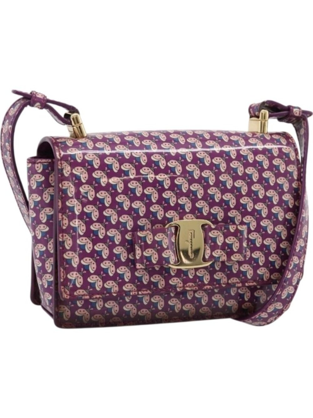 Salvatore Ferragamo Vala Shoulder Bag Patent leather Purple Gold